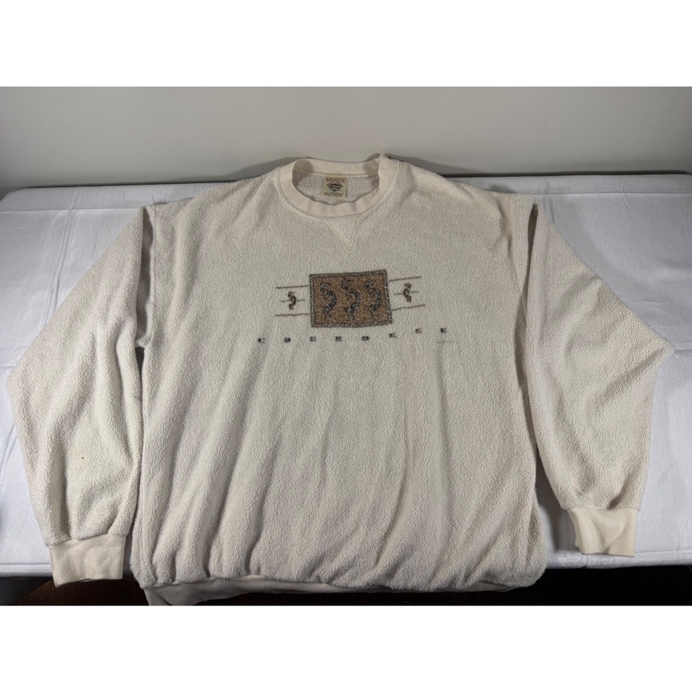 VTG 80s/90s Boho Prairie Mountain Sherpa Fleece Sweatshirt Cream Southwest